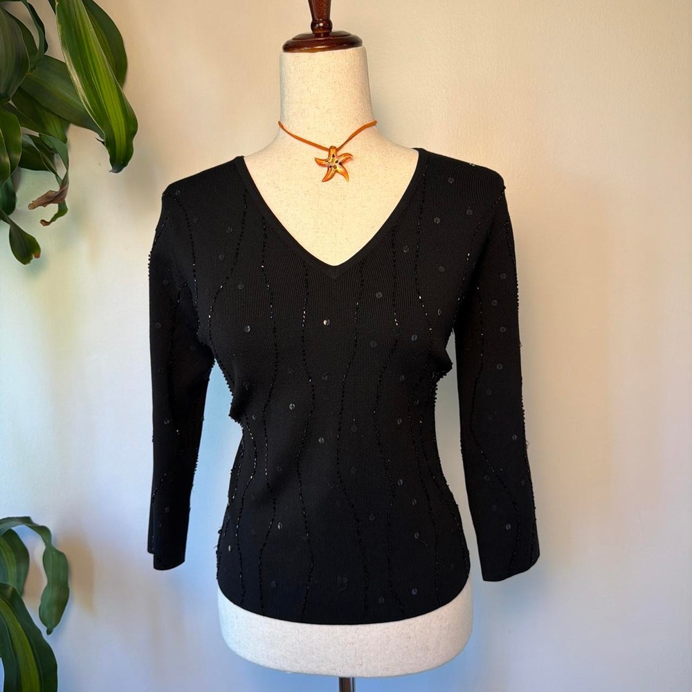 City Silk Black Beaded Sequin V-Neck Knit Top 3/4 Sleeve Whimigoth Small